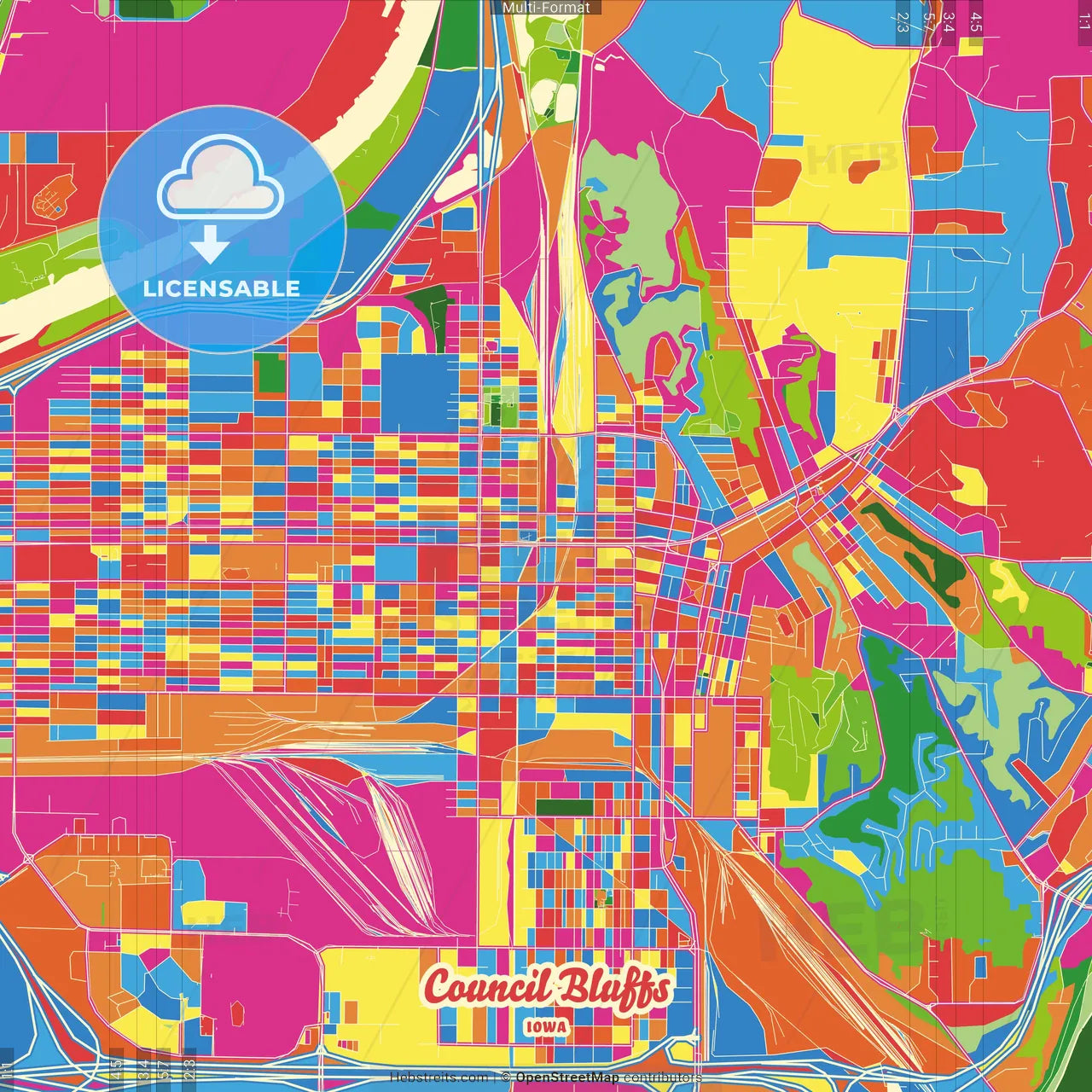 Council Bluffs, Iowa, United States Crazy Colorful Street Map Poster Template