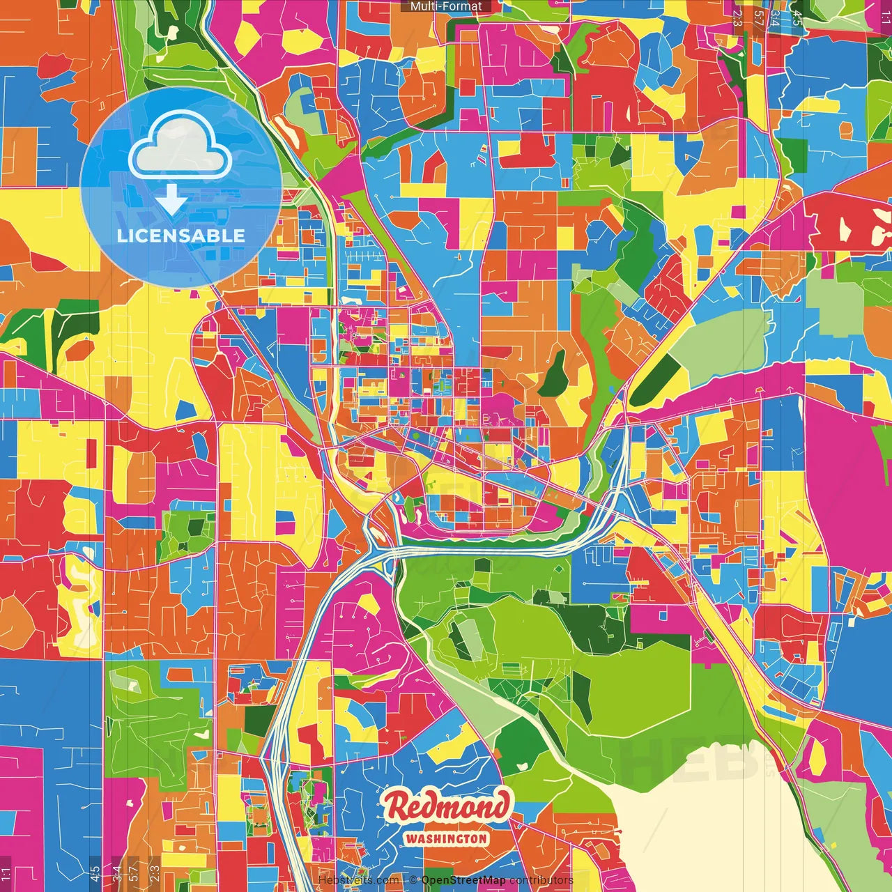 Redmond, Washington, United States Crazy Colorful Street Map Poster Template
