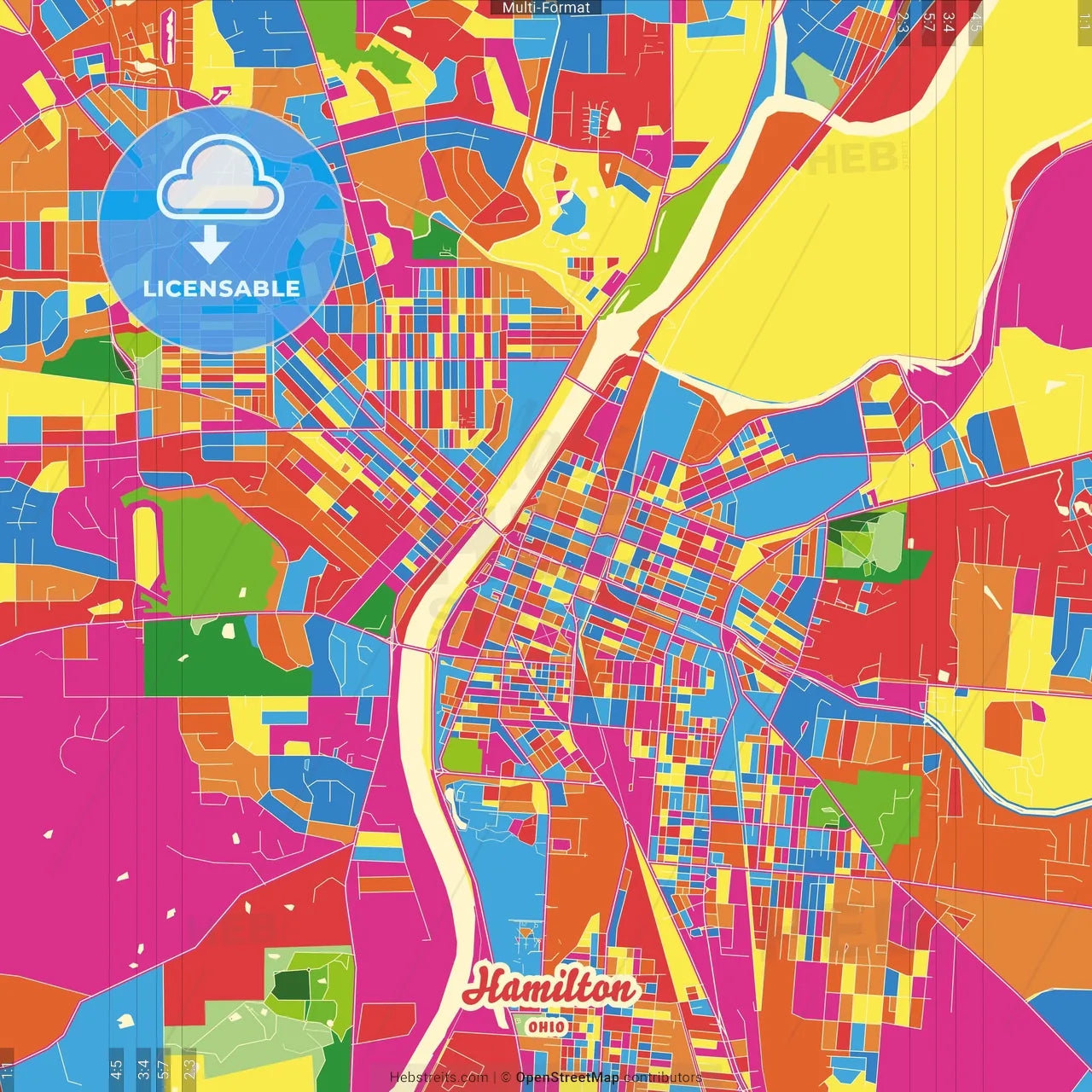 Hamilton, Ohio, United States Crazy Colorful Street Map Poster Template