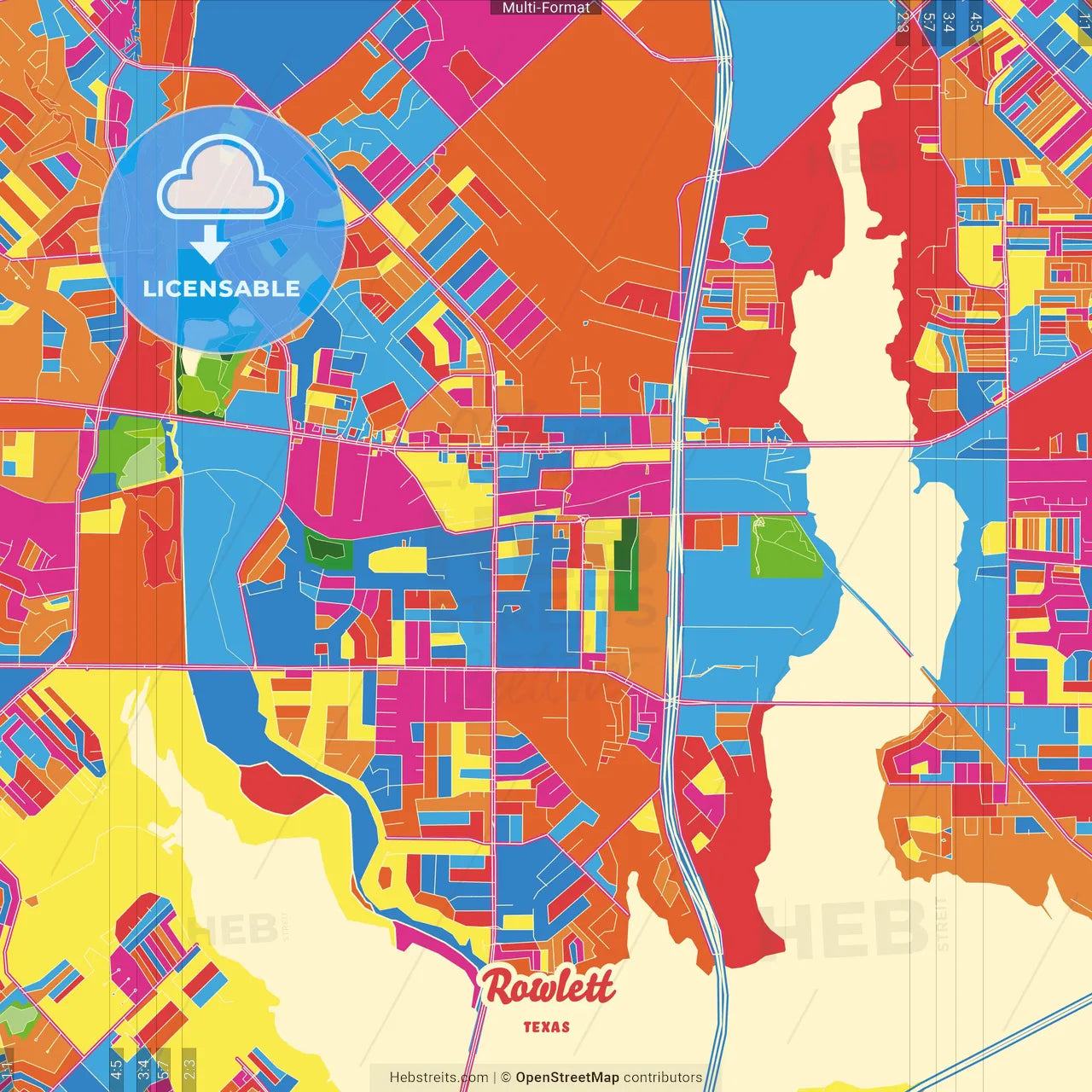 Rowlett, Texas, United States Crazy Colorful Street Map Poster Template