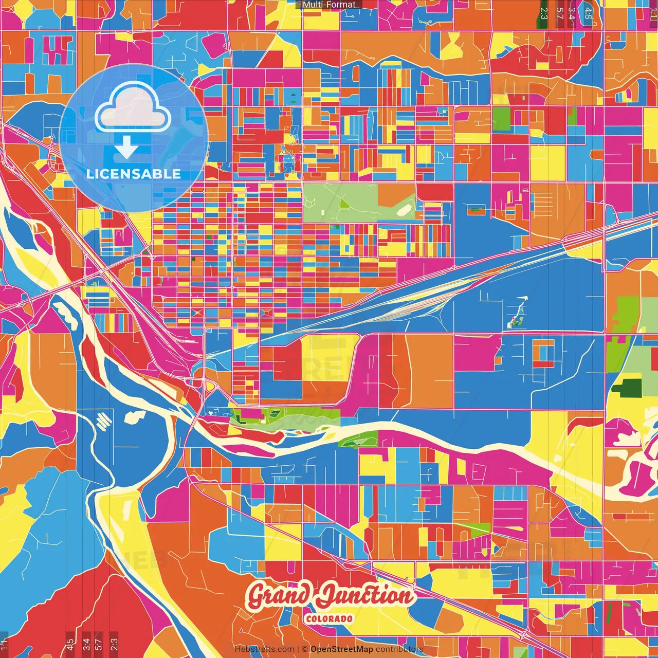 Grand Junction, Colorado, United States Crazy Colorful Street Map Poster Template