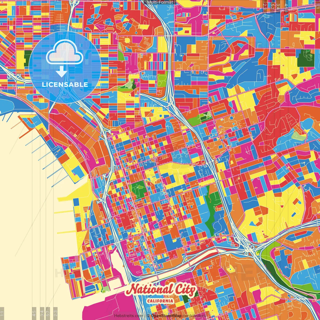National City, California, United States Crazy Colorful Street Map Poster Template