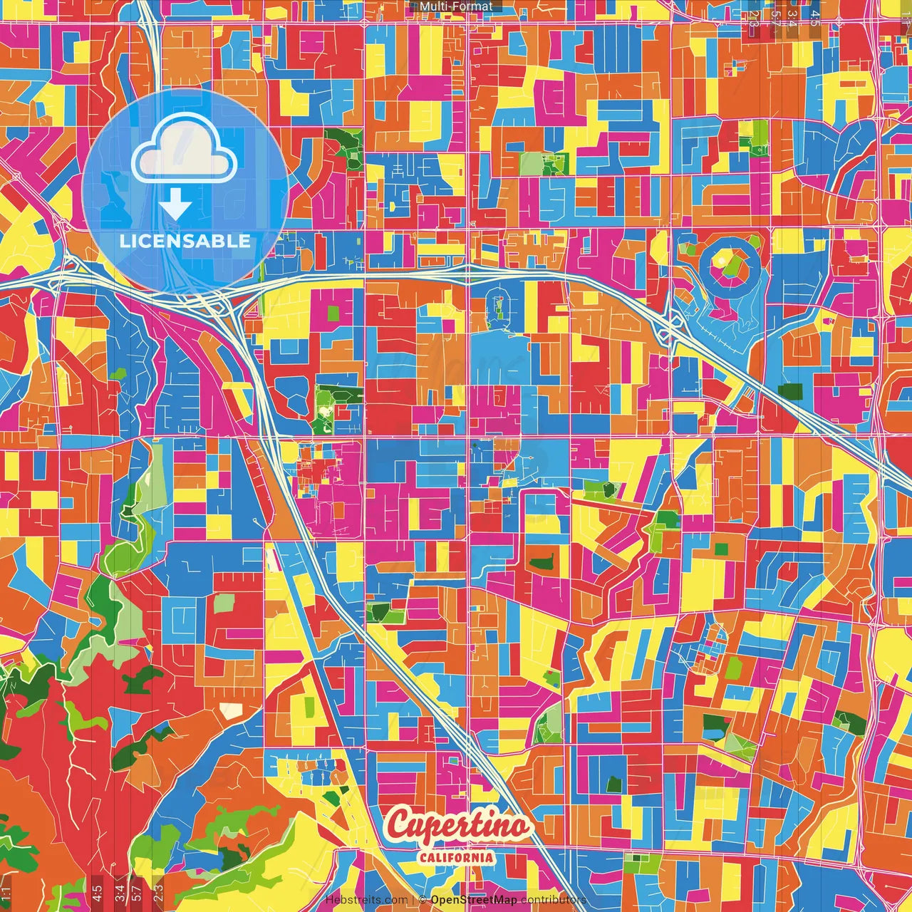 Cupertino, California, United States Crazy Colorful Street Map Poster Template