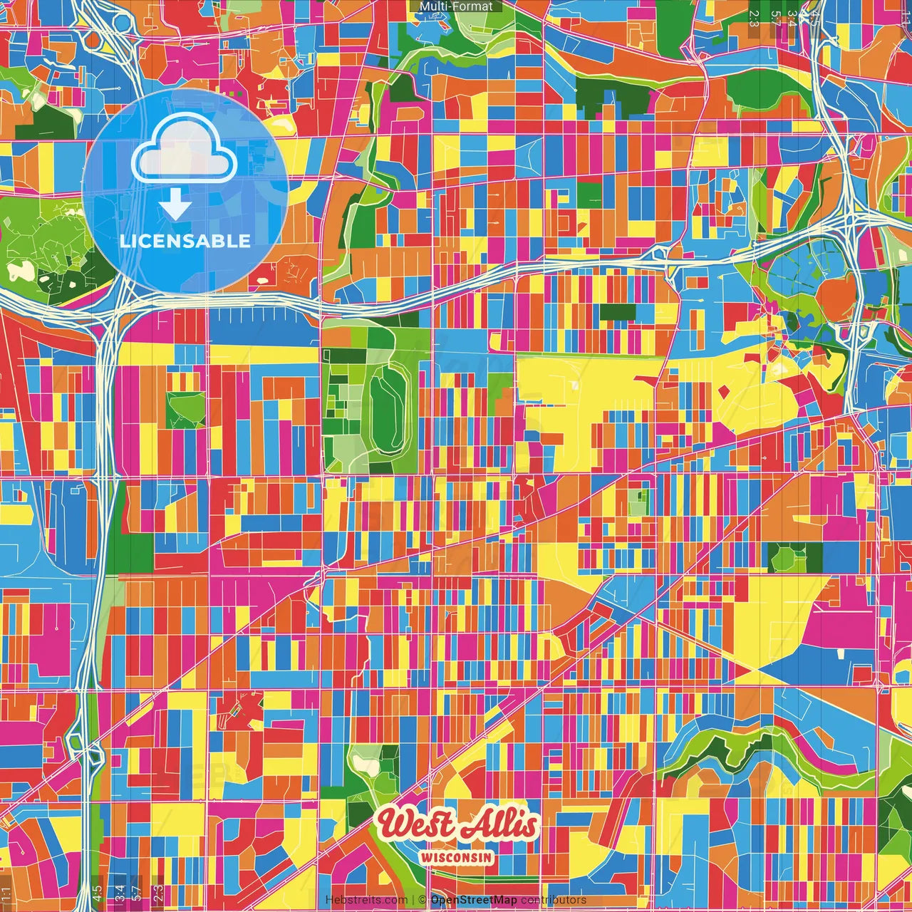 West Allis, Wisconsin, United States Crazy Colorful Street Map Poster Template