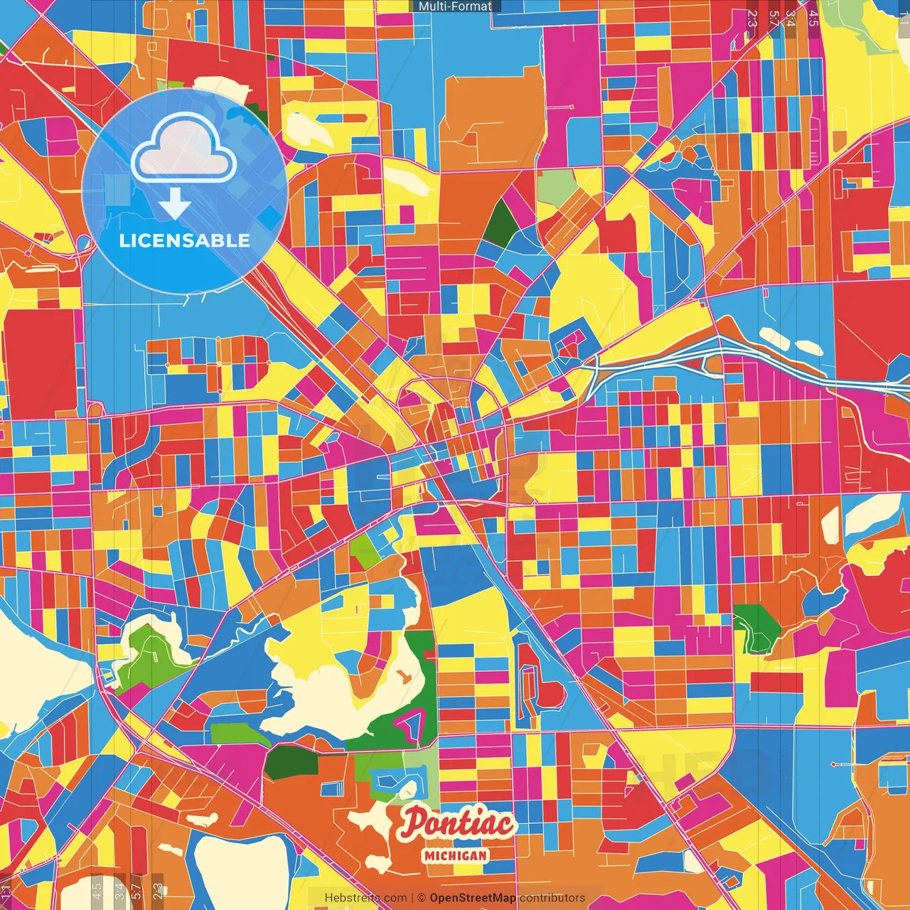 Pontiac, Michigan, United States Crazy Colorful Street Map Poster Template