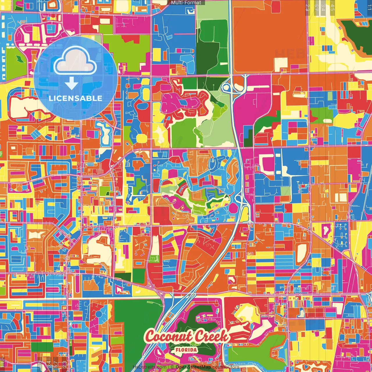 Coconut Creek, Florida, United States Crazy Colorful Street Map Poster Template