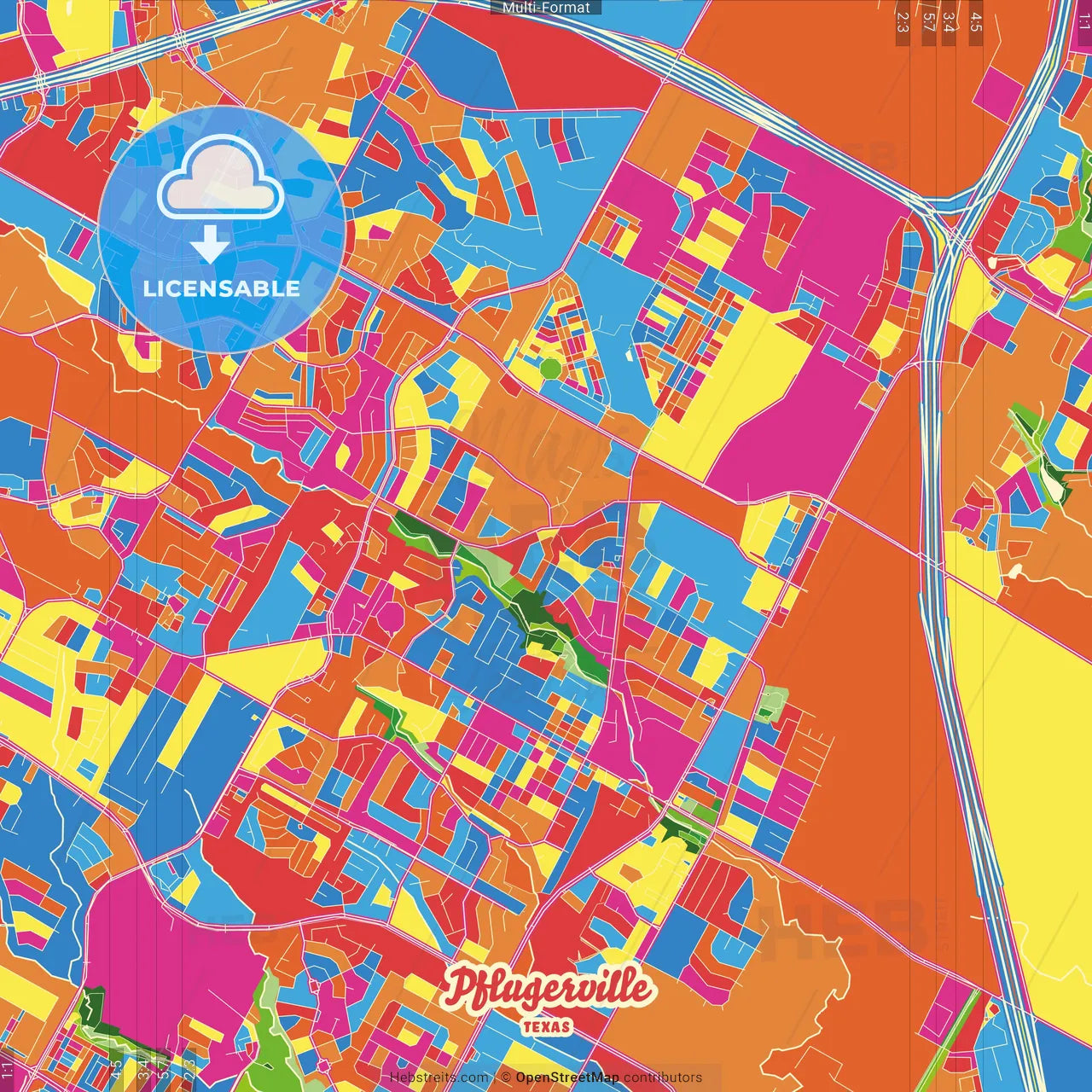 Pflugerville, Texas, United States Crazy Colorful Street Map Poster Template