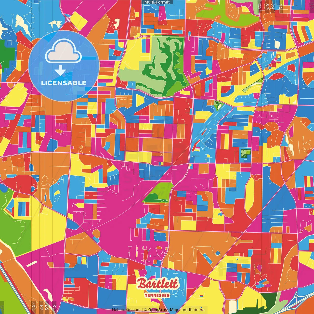 Bartlett, Tennessee, United States Crazy Colorful Street Map Poster Template