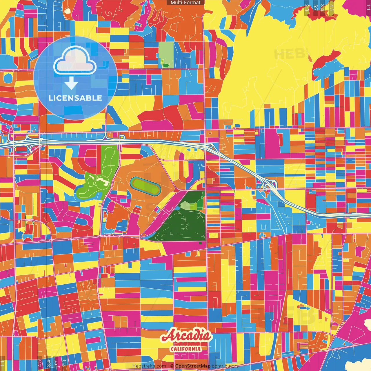 Arcadia, California, United States Crazy Colorful Street Map Poster Template