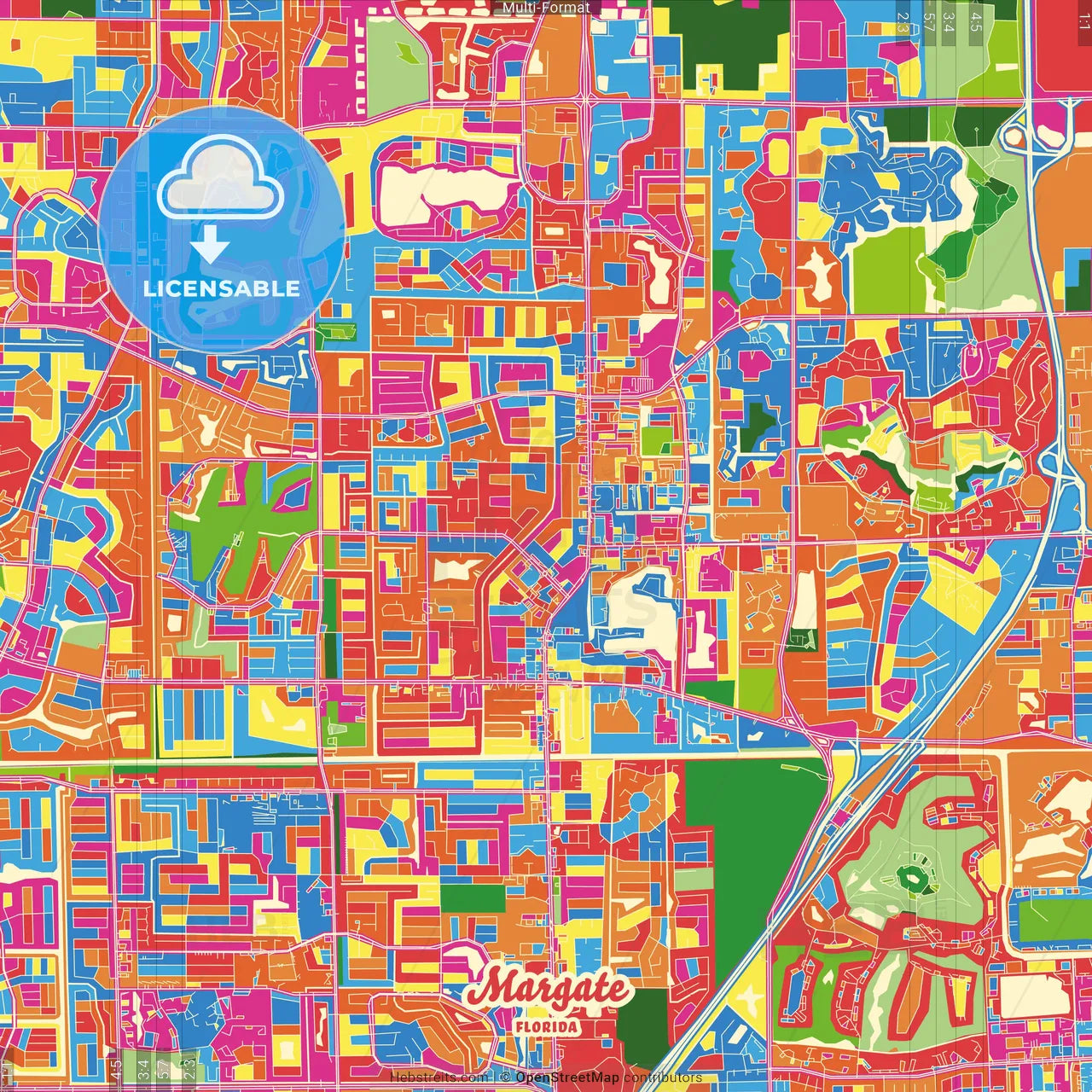 Margate, Florida, United States Crazy Colorful Street Map Poster Template