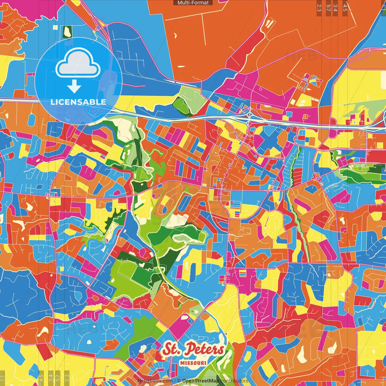 St. Peters, Missouri, United States Crazy Colorful Street Map Poster Template