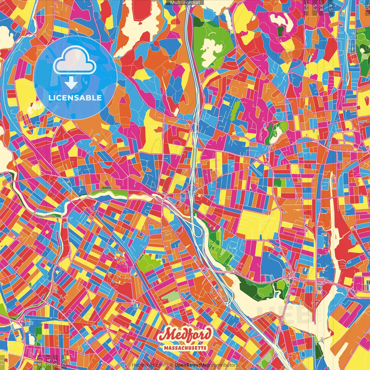 Medford, Massachusetts, United States Crazy Colorful Street Map Poster Template