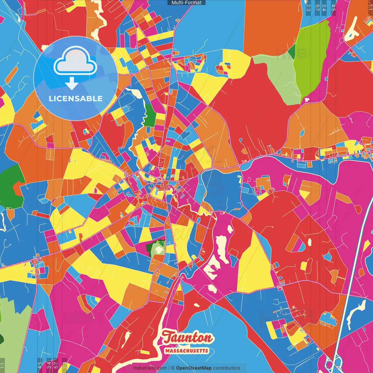 Taunton, Massachusetts, United States Crazy Colorful Street Map Poster Template