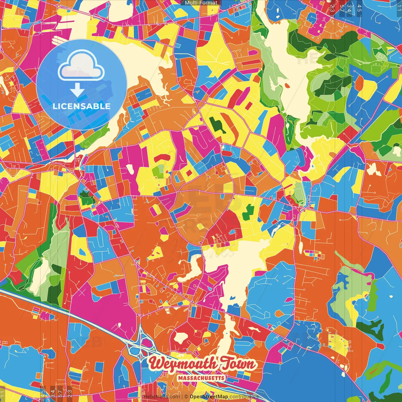 Weymouth Town, Massachusetts, United States Crazy Colorful Street Map Poster Template