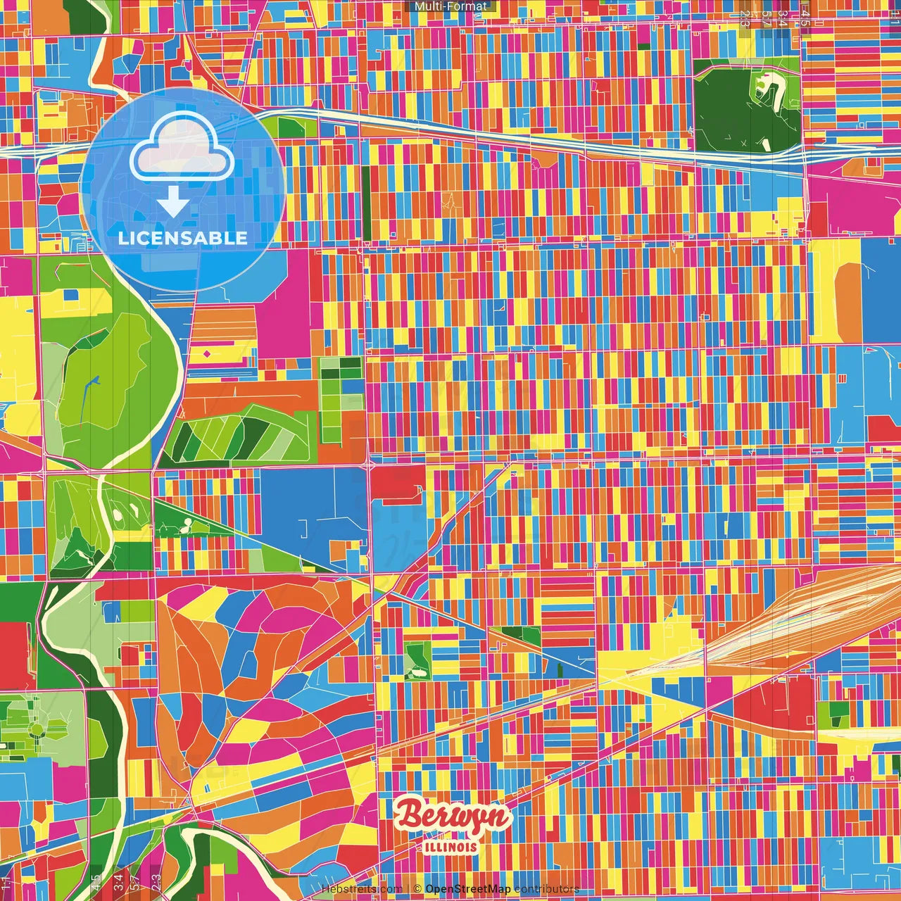 Berwyn, Illinois, United States Crazy Colorful Street Map Poster Template