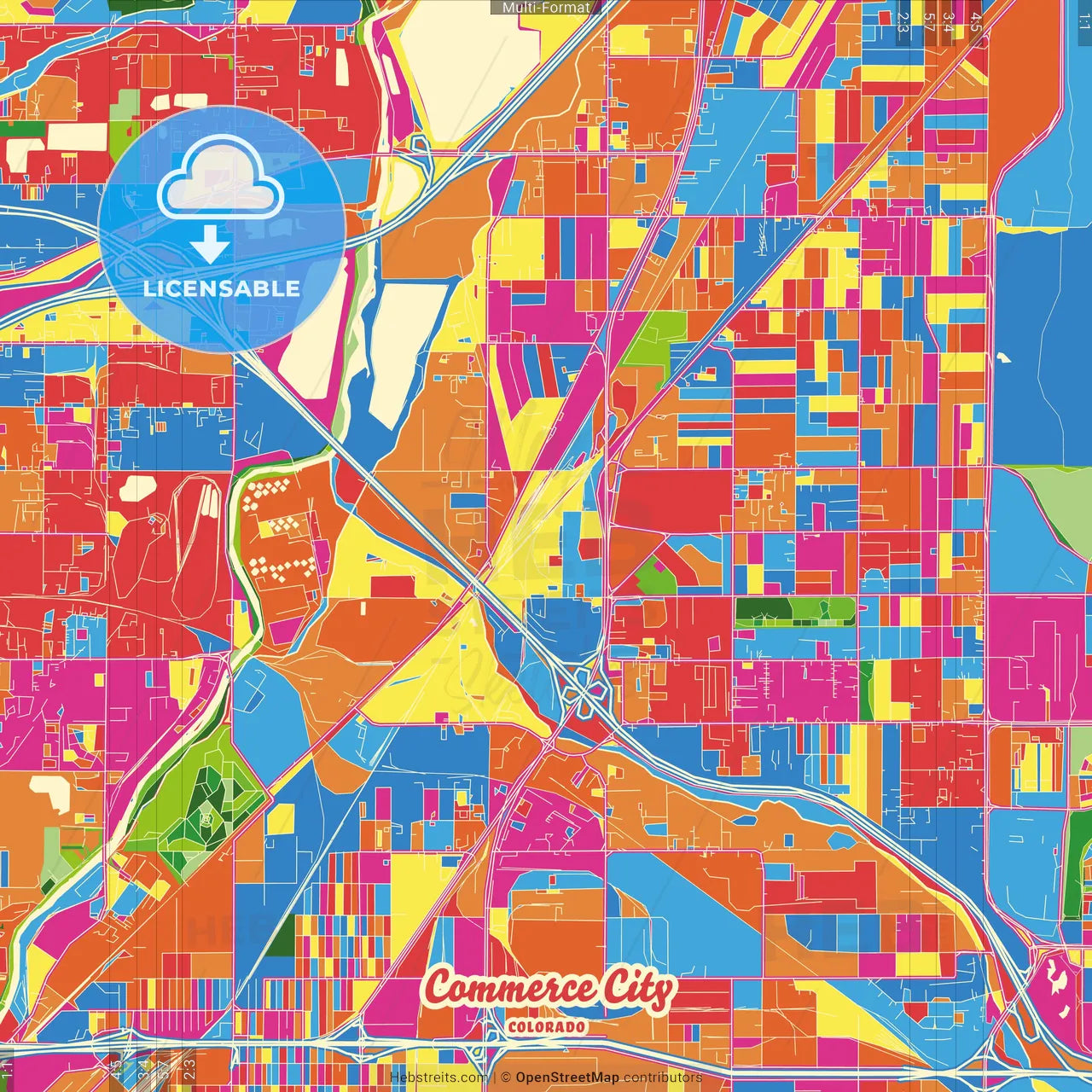 Commerce City, Colorado, United States Crazy Colorful Street Map Poster Template