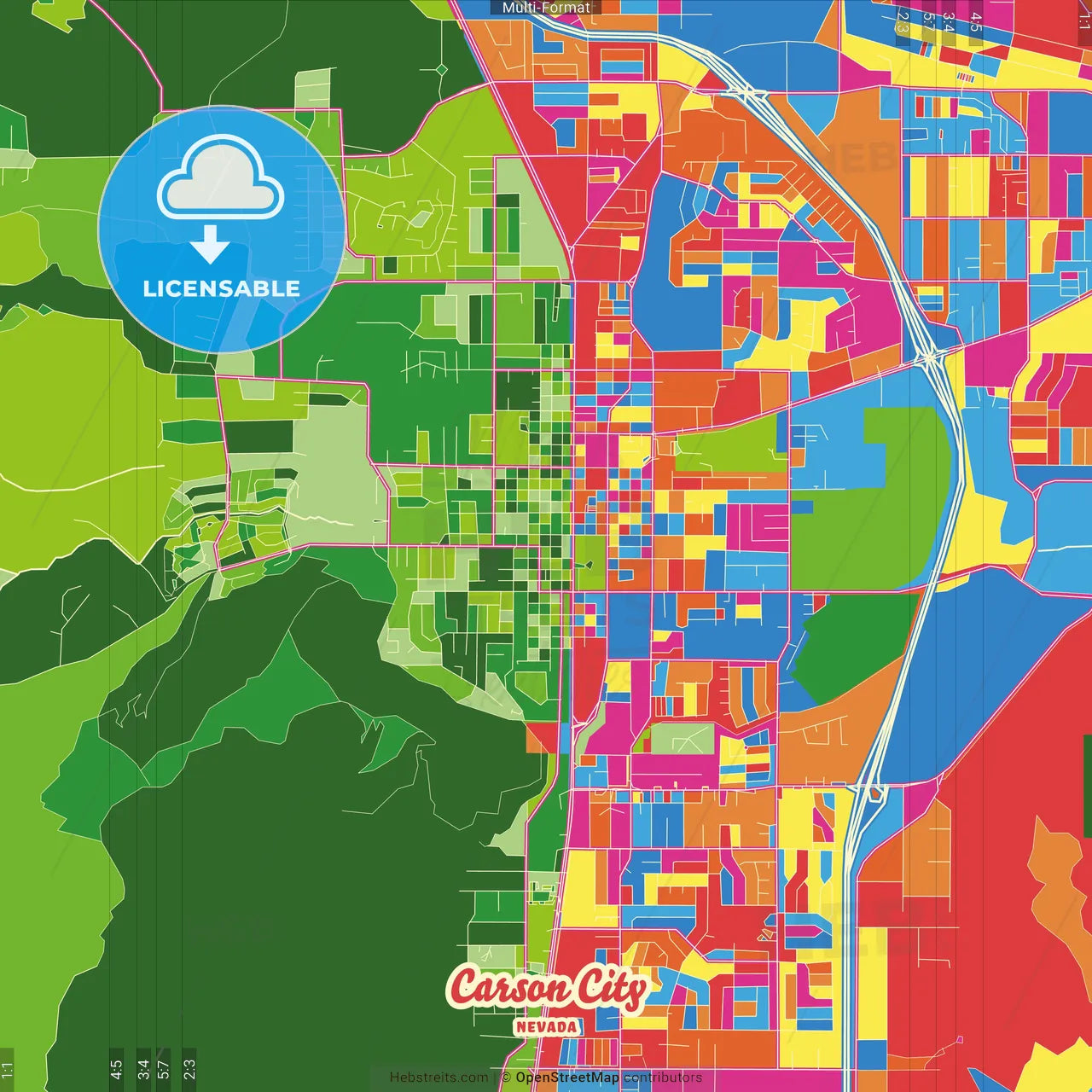 Carson City, Nevada, United States Crazy Colorful Street Map Poster Template