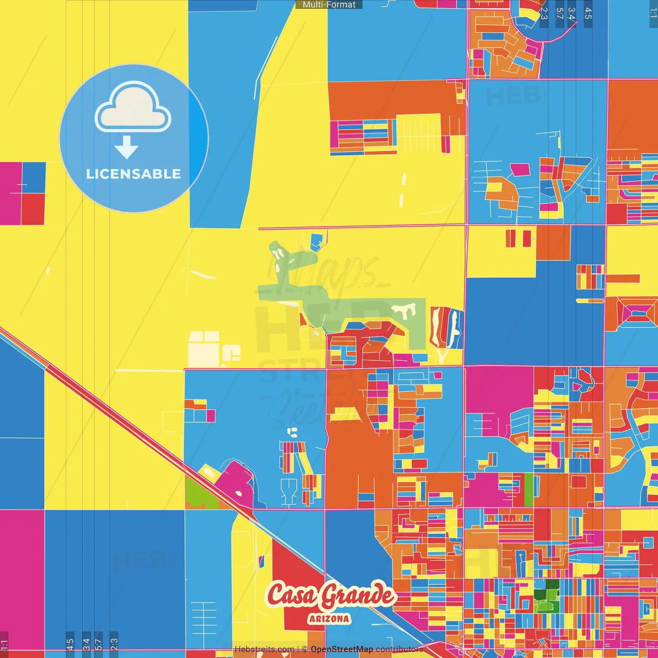 Casa Grande, Arizona, United States Crazy Colorful Street Map Poster Template