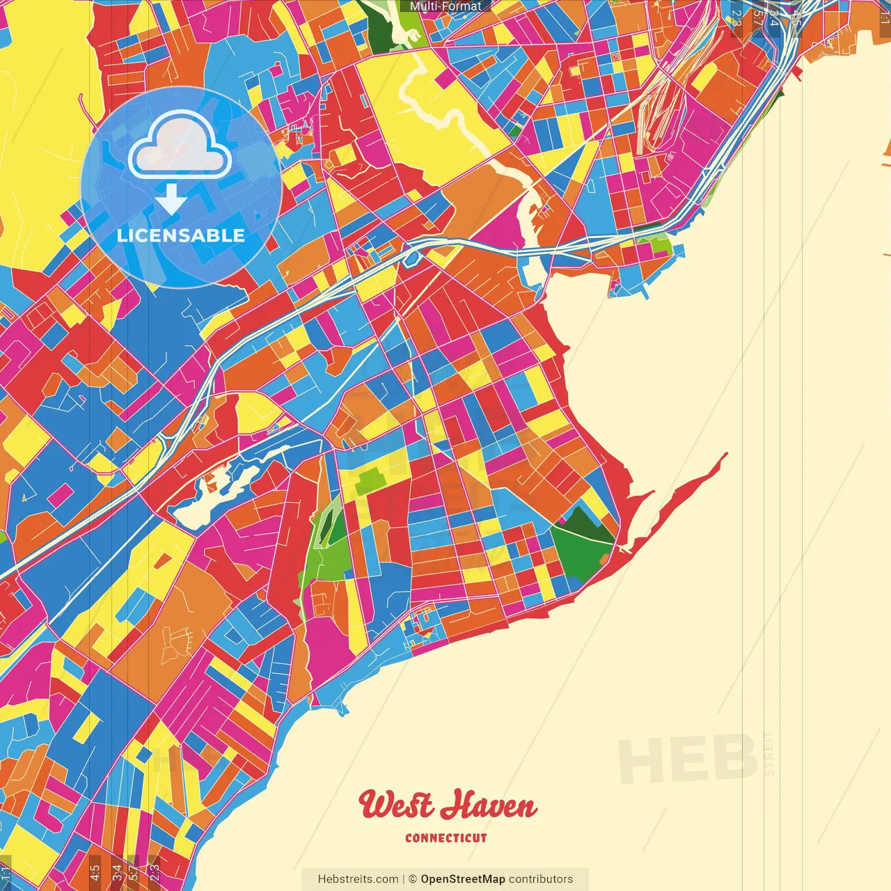 West Haven, Connecticut, United States Crazy Colorful Street Map Poster Template