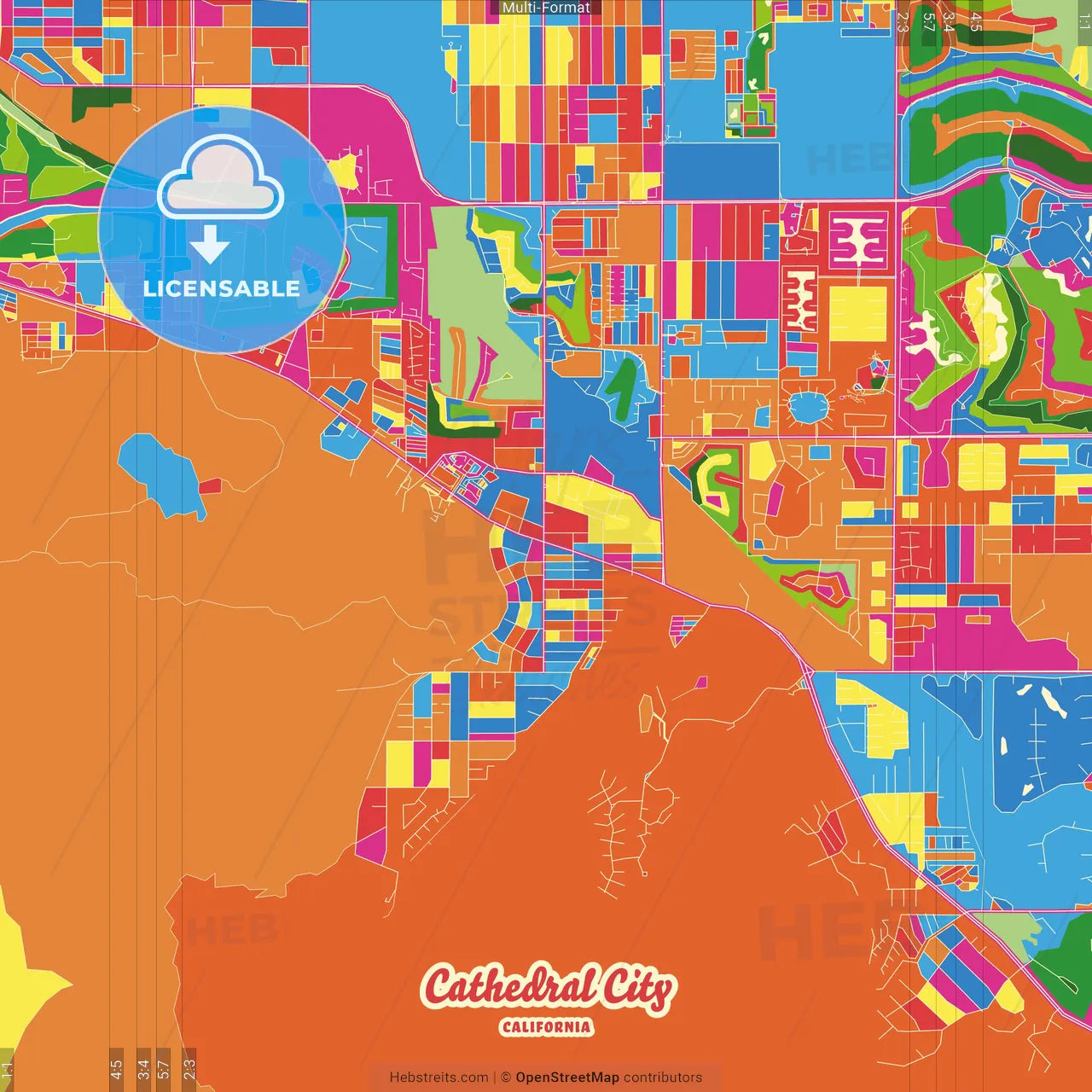 Cathedral City, California, United States Crazy Colorful Street Map Poster Template