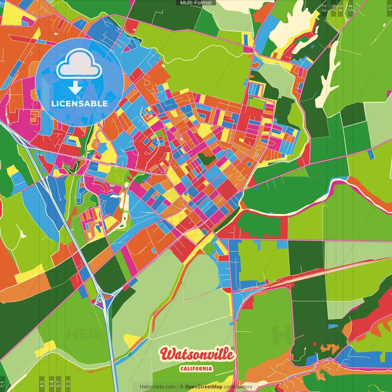 Watsonville, California, United States Crazy Colorful Street Map Poster Template