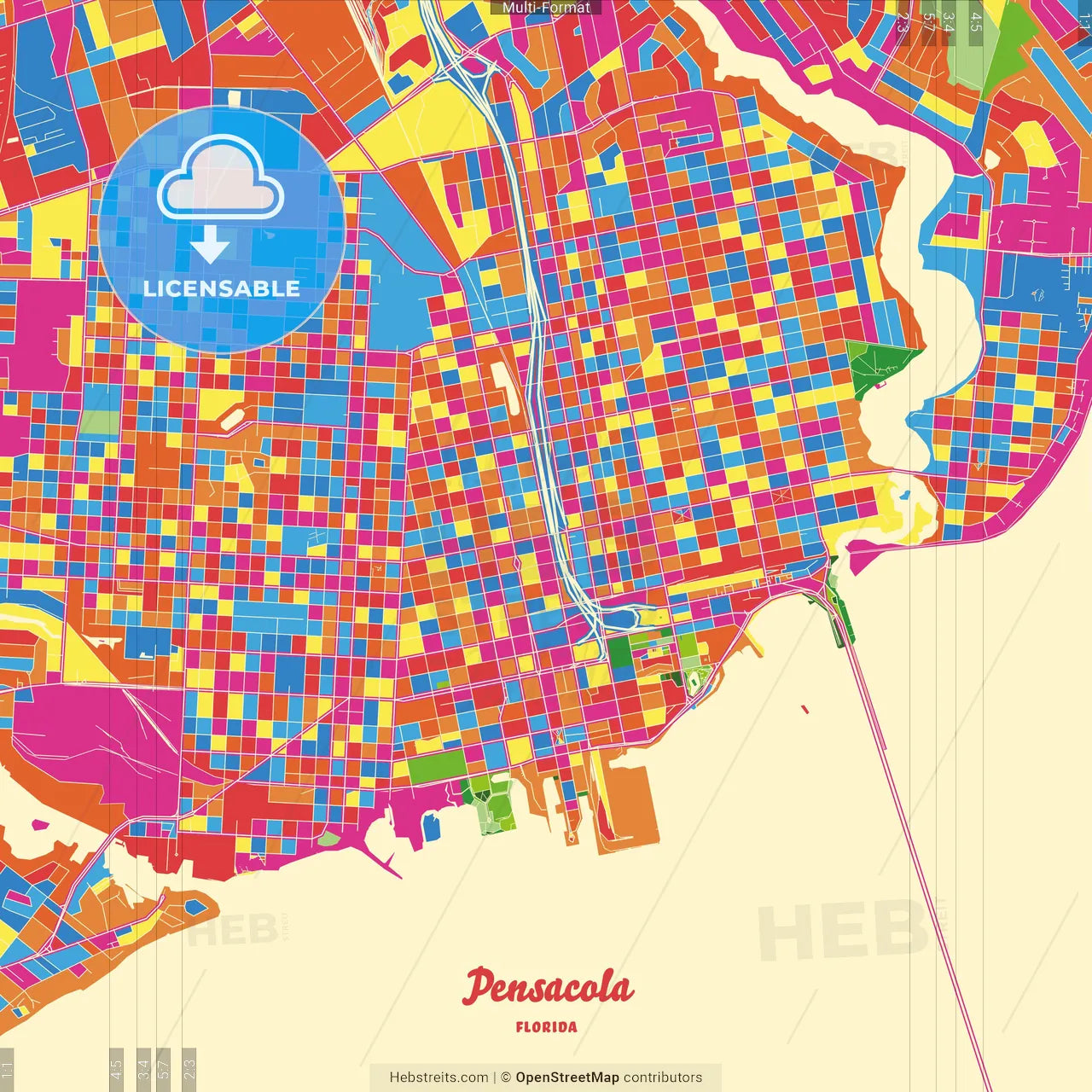 Pensacola, Florida, United States Crazy Colorful Street Map Poster Template