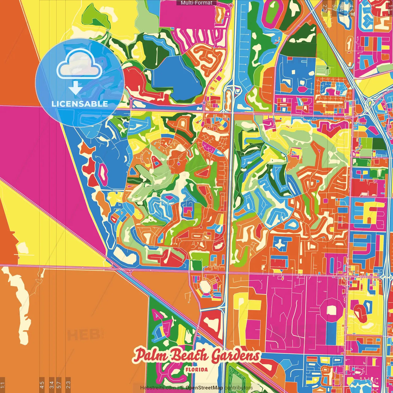 Palm Beach Gardens, Florida, United States Crazy Colorful Street Map Poster Template