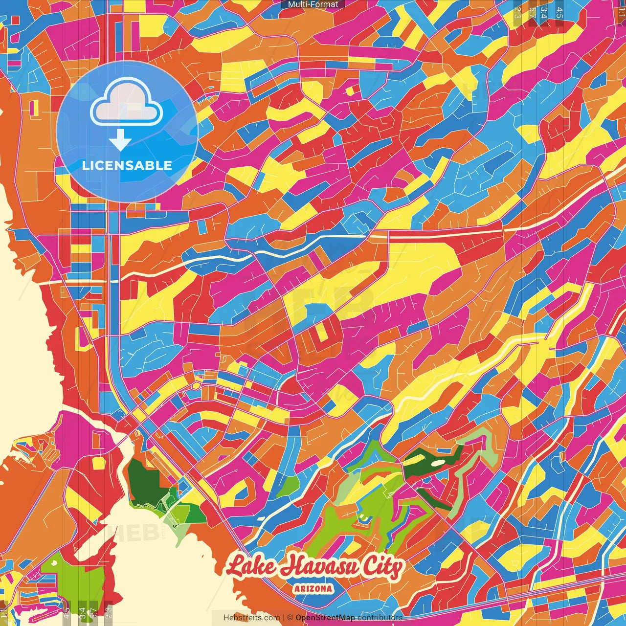 Lake Havasu City, Arizona, United States Crazy Colorful Street Map Poster Template