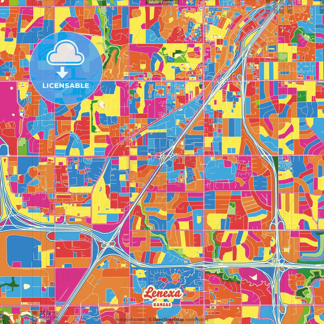 Lenexa, Kansas, United States Crazy Colorful Street Map Poster Template