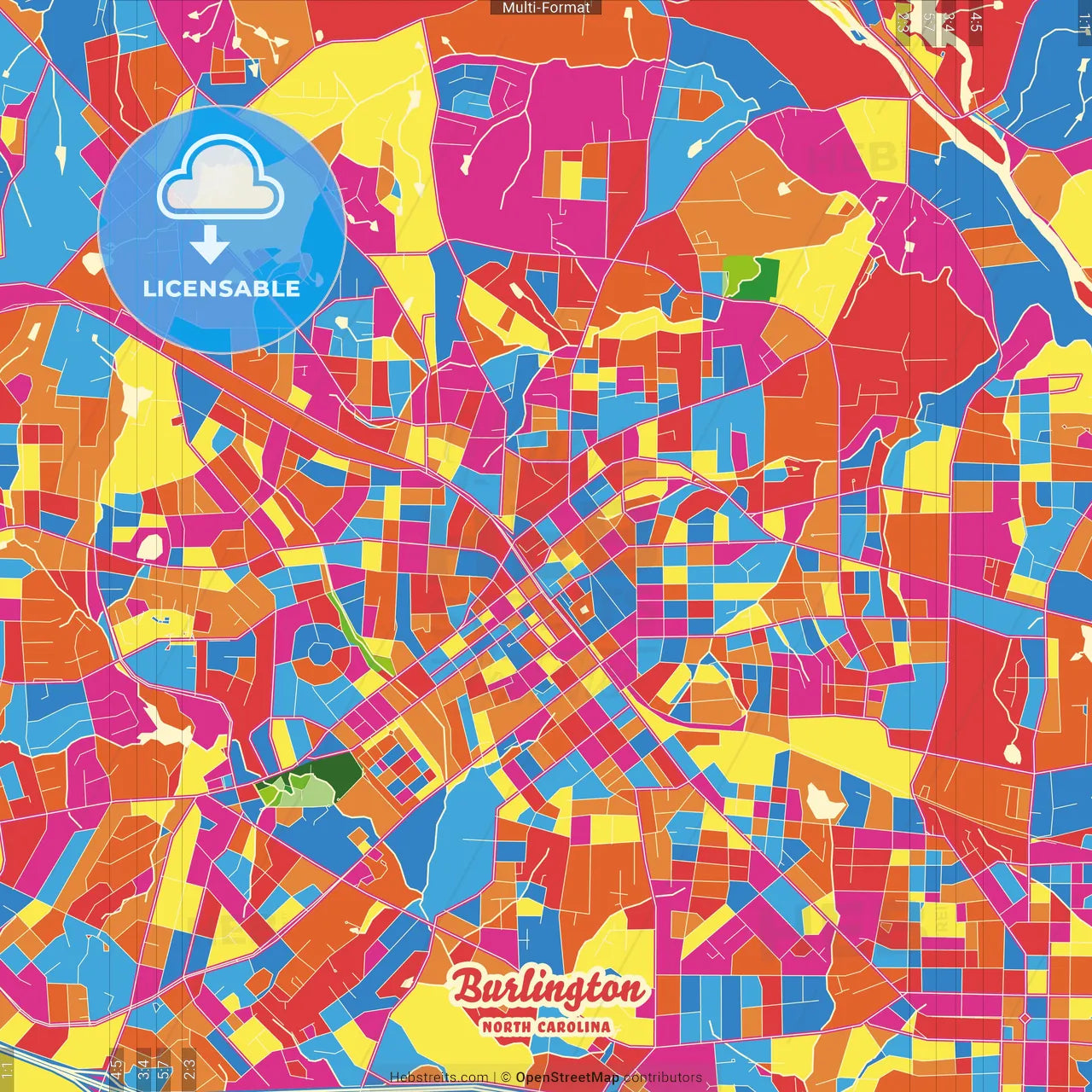 Burlington, North Carolina, United States Crazy Colorful Street Map Poster Template