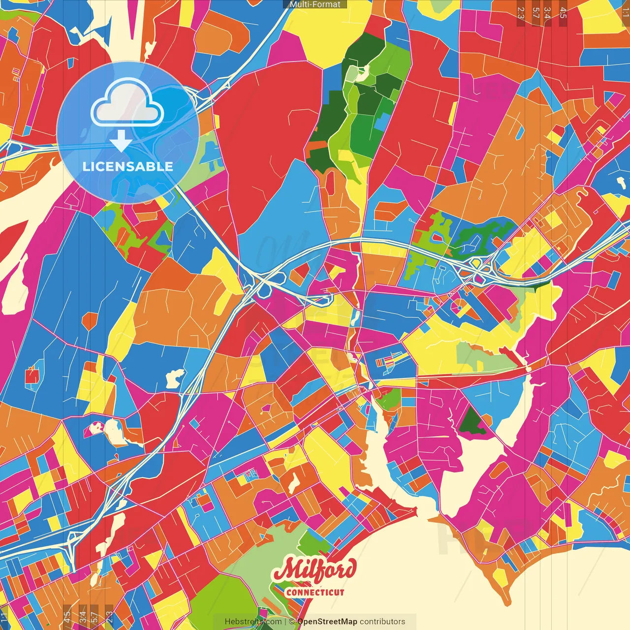 Milford, Connecticut, United States Crazy Colorful Street Map Poster Template