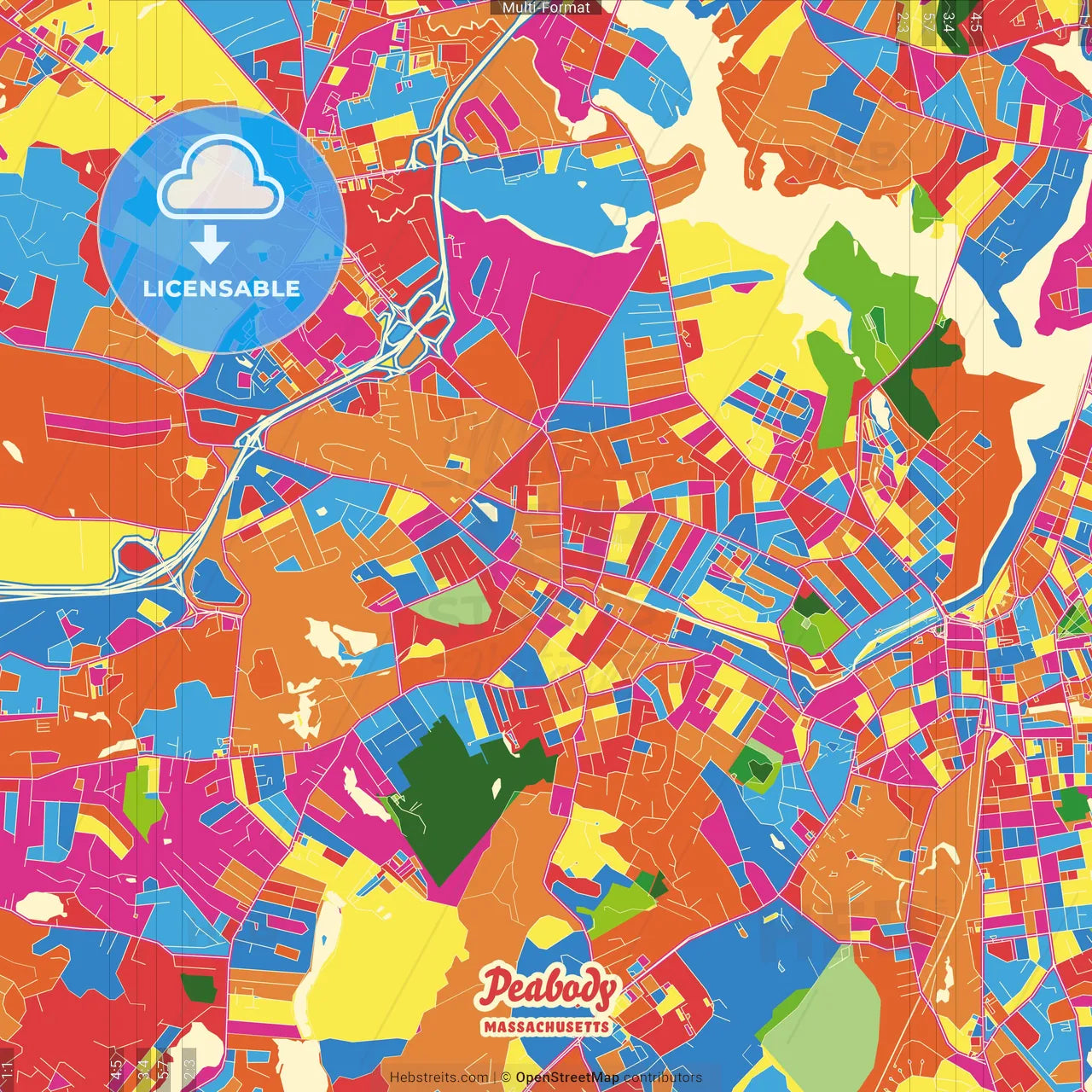 Peabody, Massachusetts, United States Crazy Colorful Street Map Poster Template