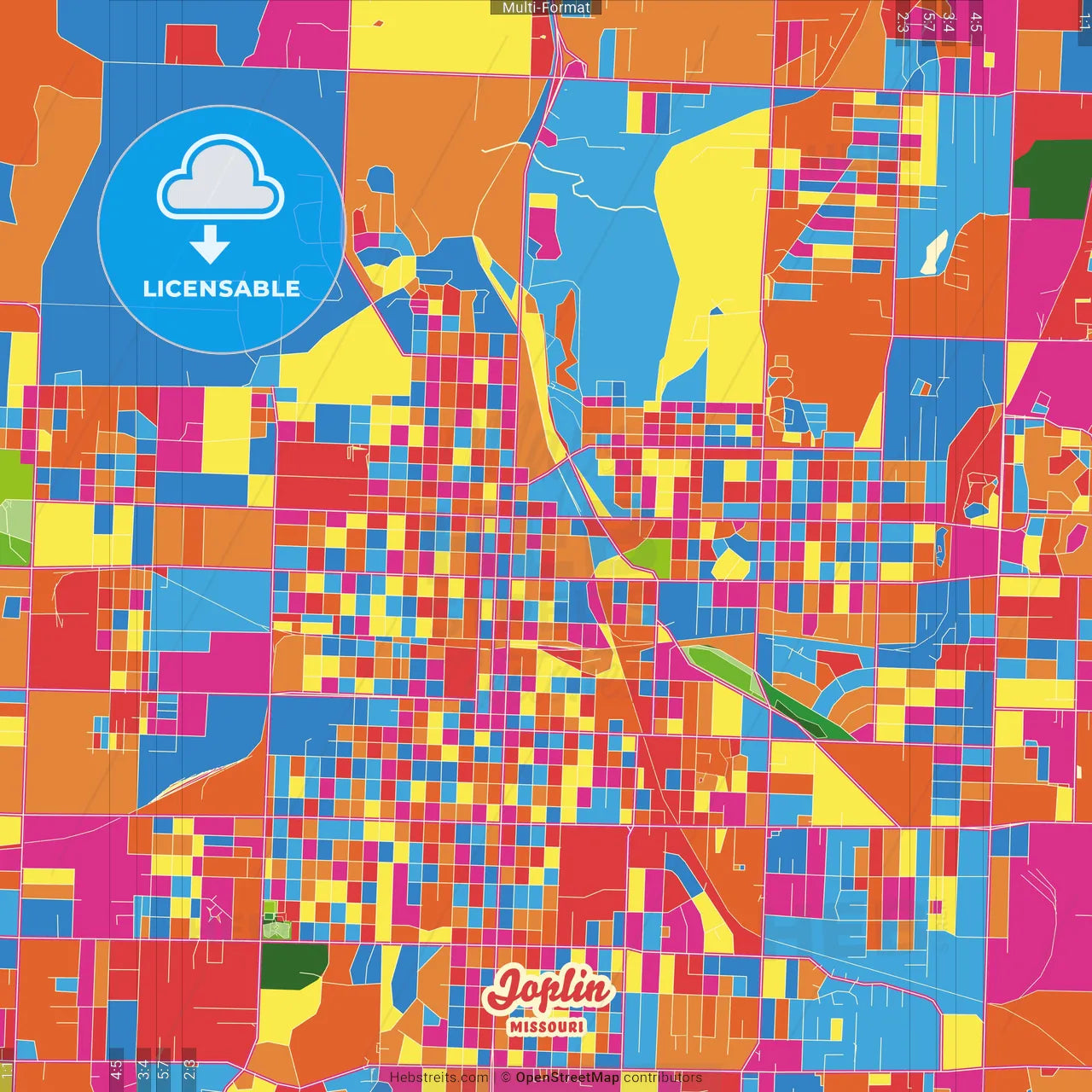 Joplin, Missouri, United States Crazy Colorful Street Map Poster Template