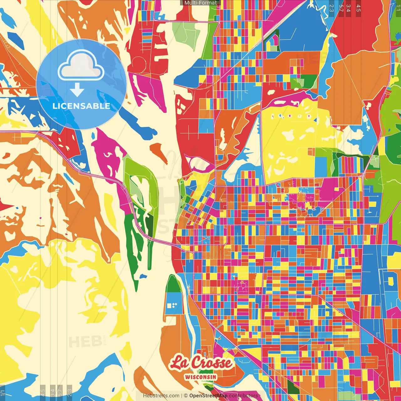 La Crosse, Wisconsin, United States Crazy Colorful Street Map Poster Template