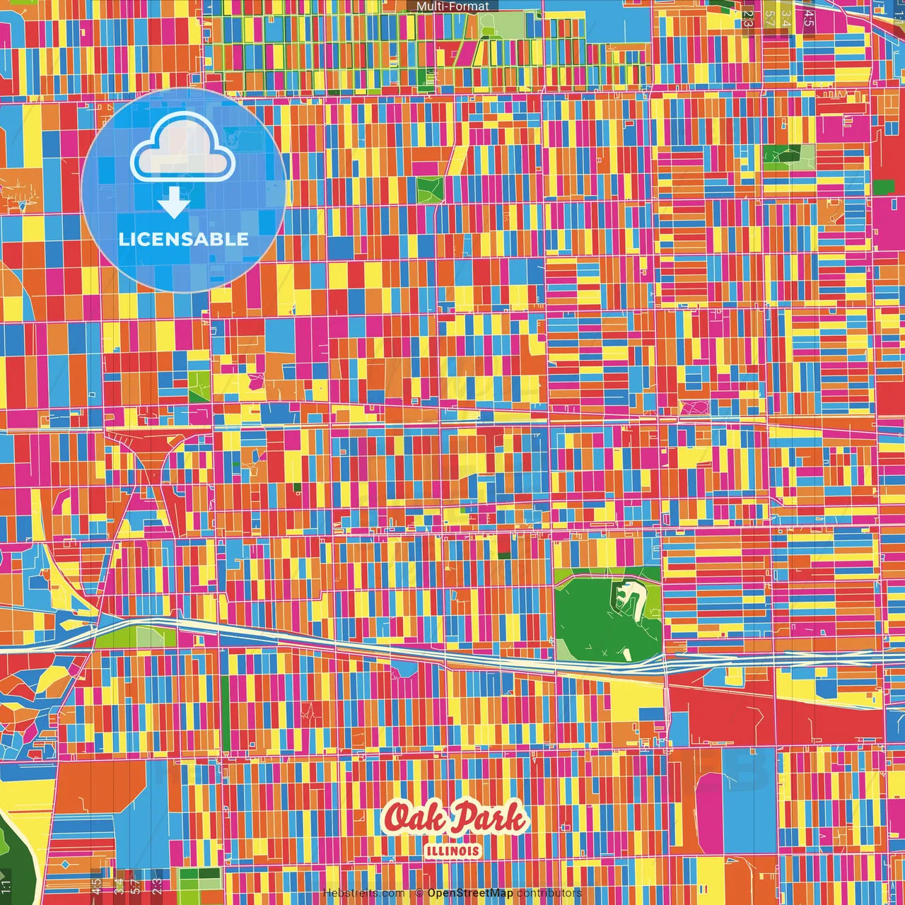 Oak Park, Illinois, United States Crazy Colorful Street Map Poster Template