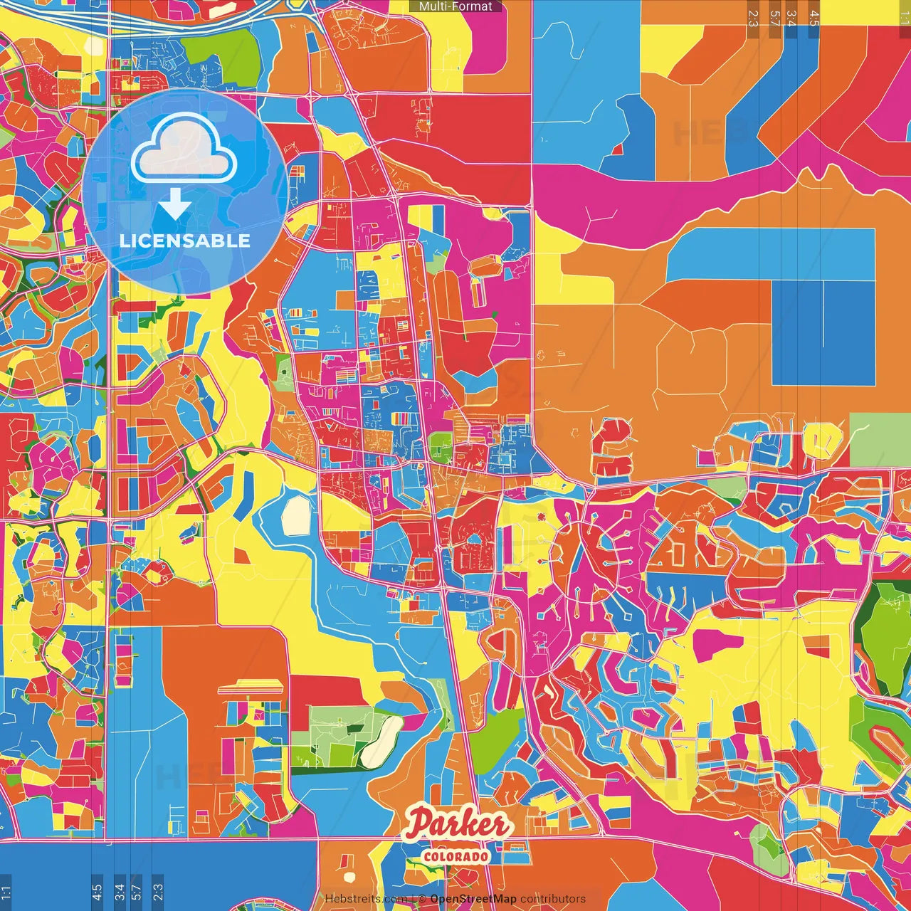 Parker, Colorado, United States Crazy Colorful Street Map Poster Template