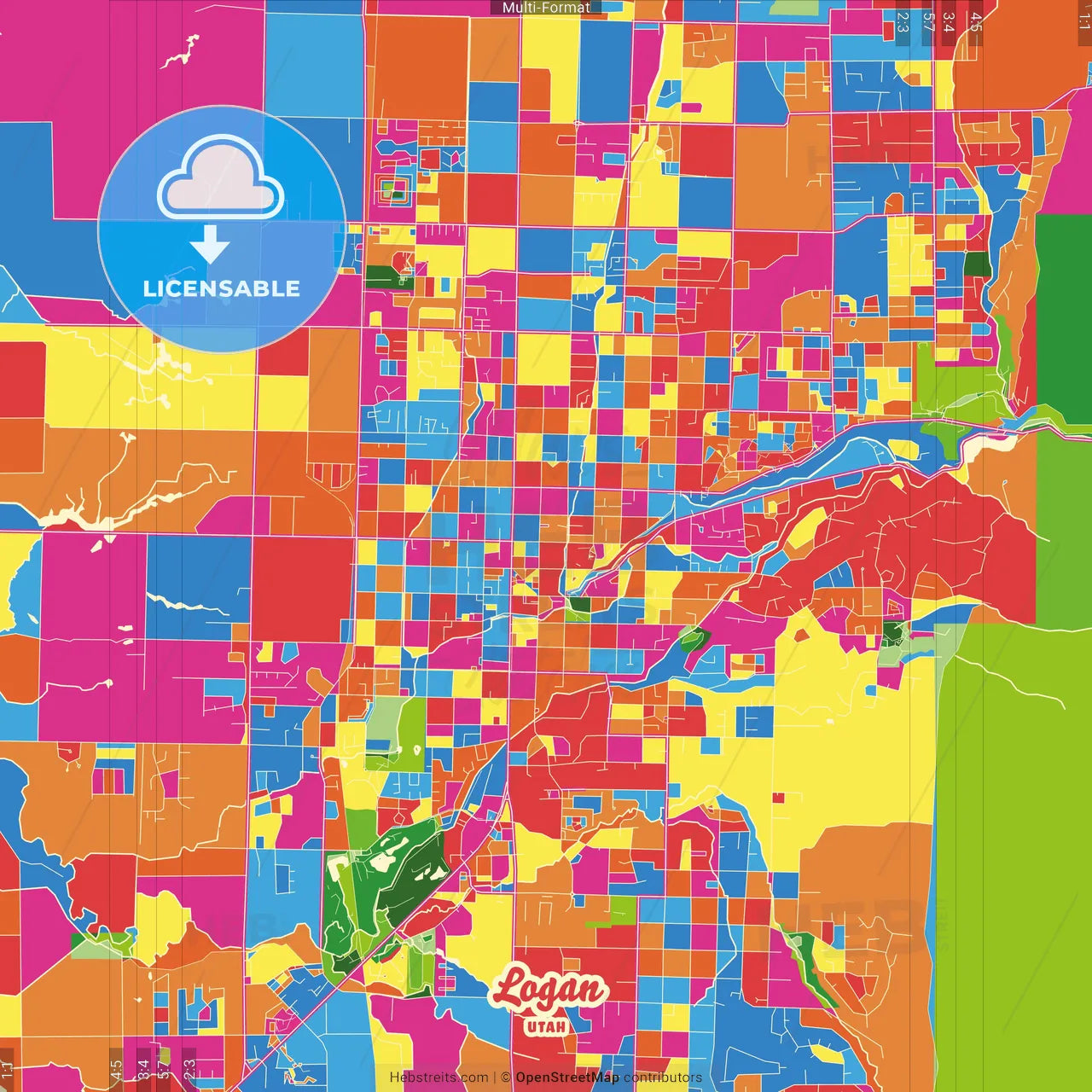 Logan, Utah, United States Crazy Colorful Street Map Poster Template