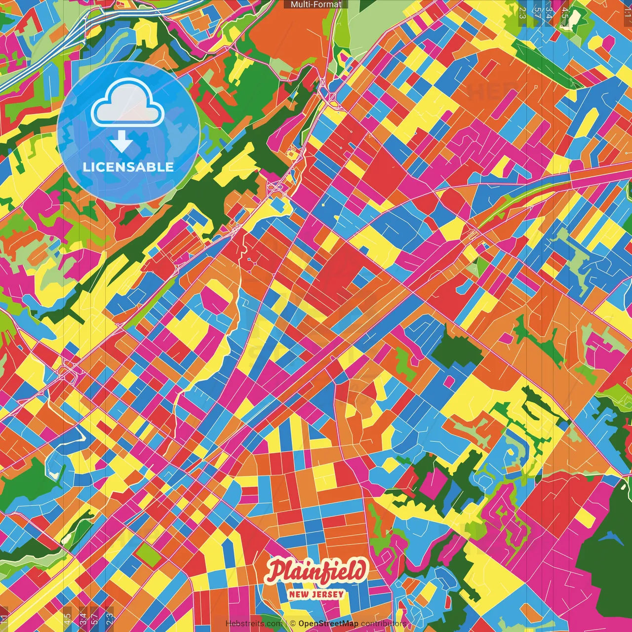 Plainfield, New Jersey, United States Crazy Colorful Street Map Poster Template