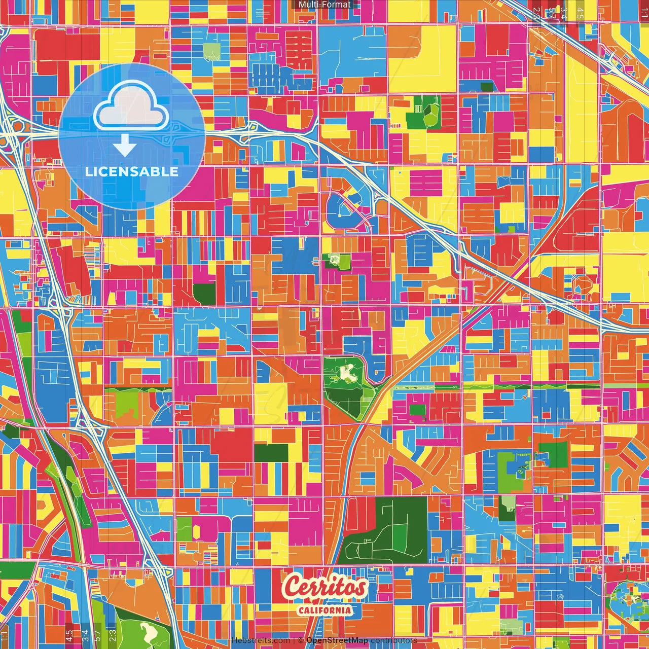 Cerritos, California, United States Crazy Colorful Street Map Poster Template