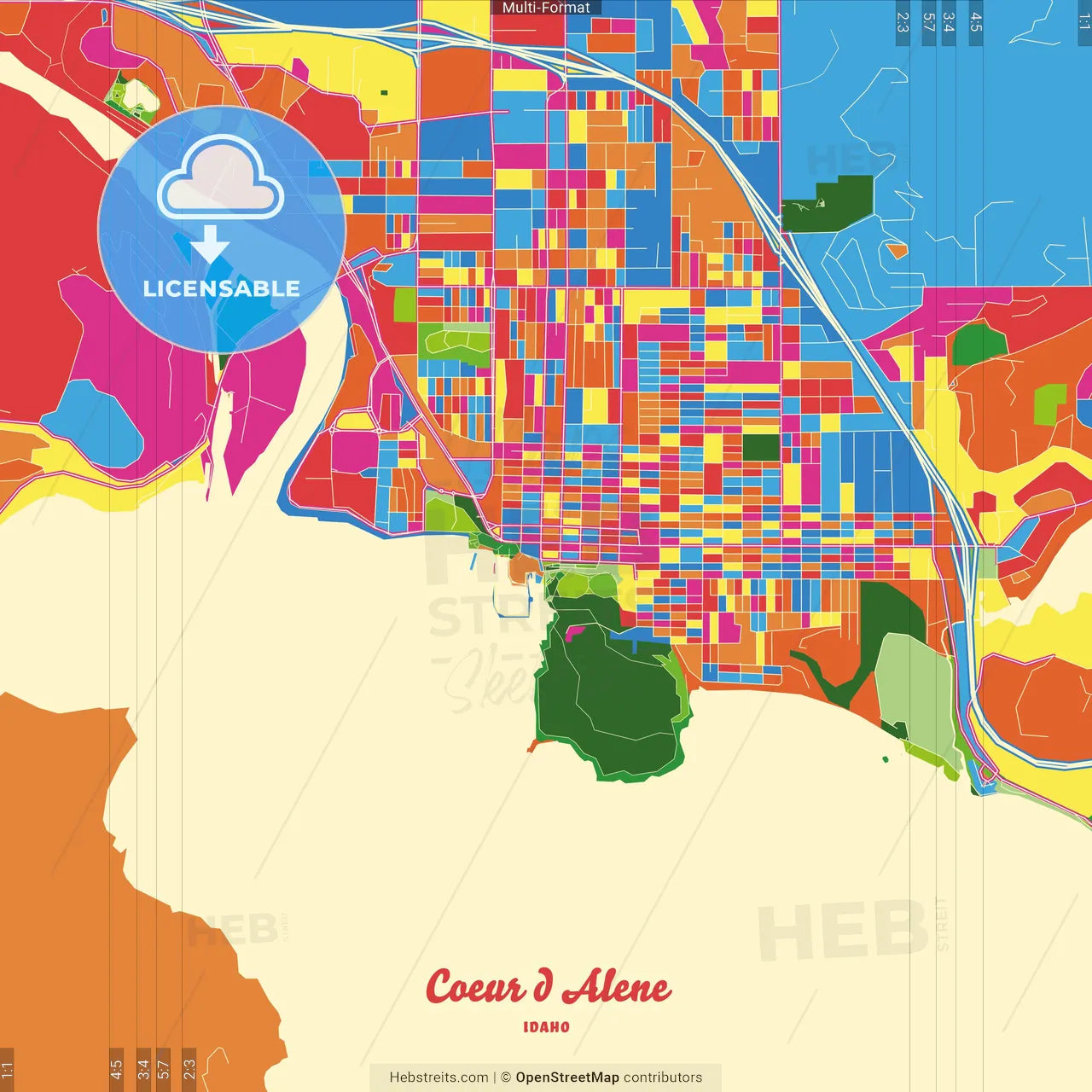 Coeur d Alene, Idaho, United States Crazy Colorful Street Map Poster Template