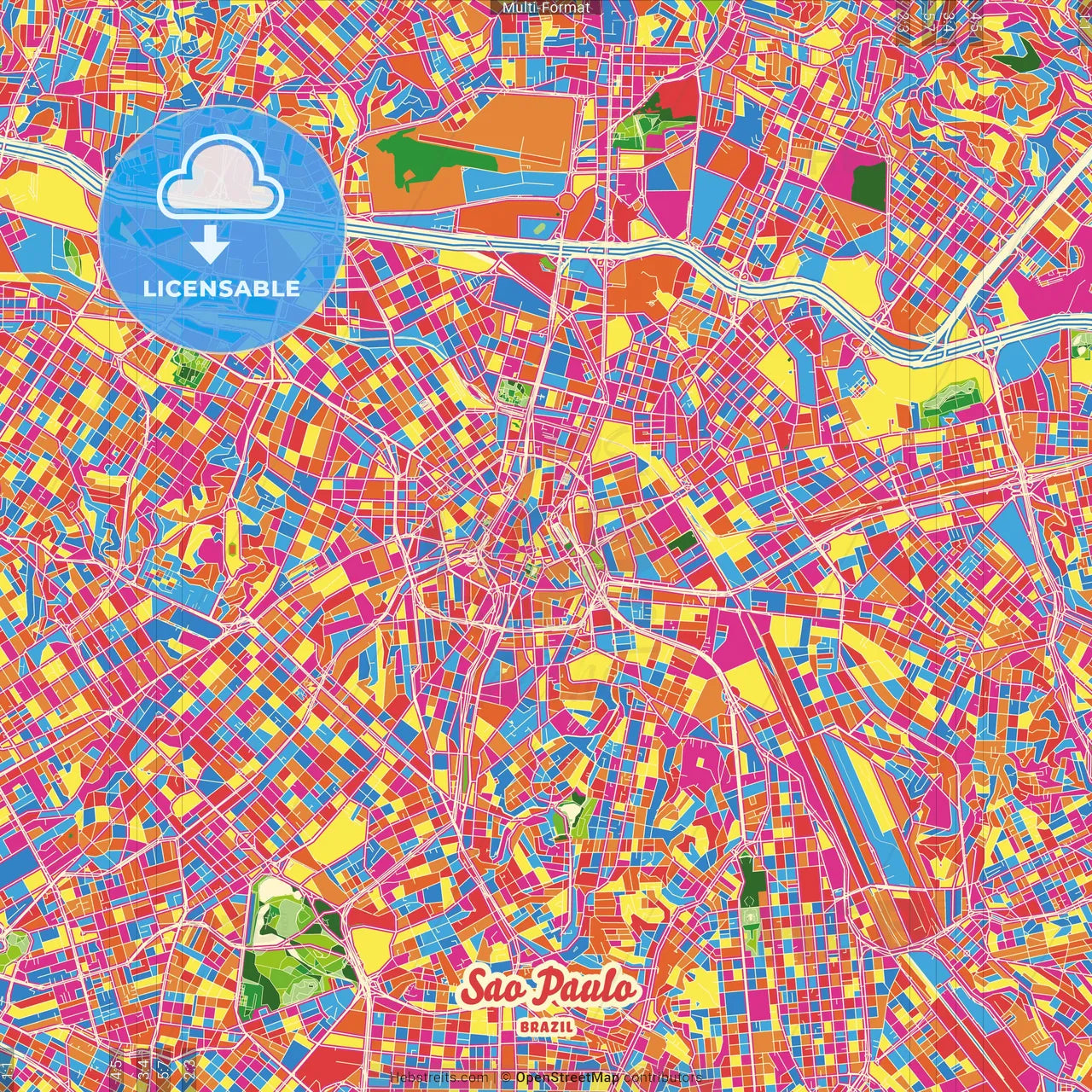 Sao Paulo, Brazil Crazy Colorful Street Map Poster Template