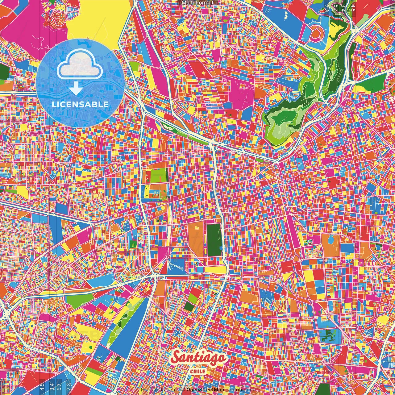 Santiago, Chile Crazy Colorful Street Map Poster Template