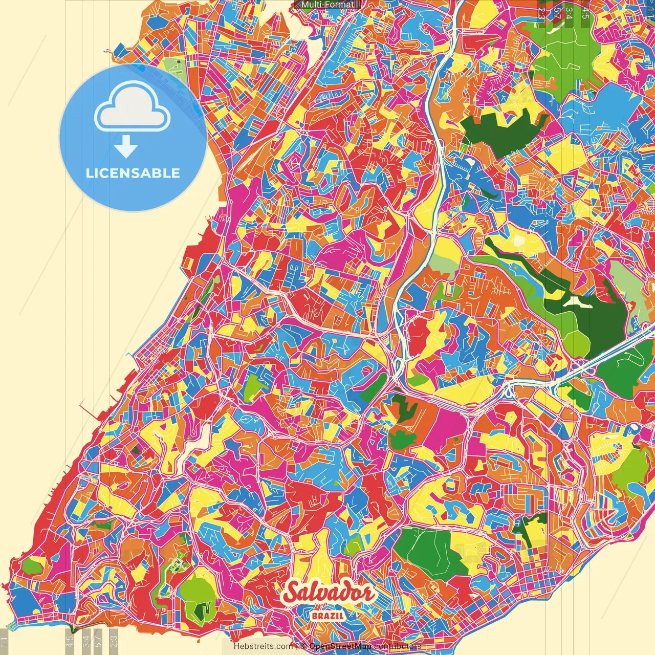 Salvador, Brazil Crazy Colorful Street Map Poster Template