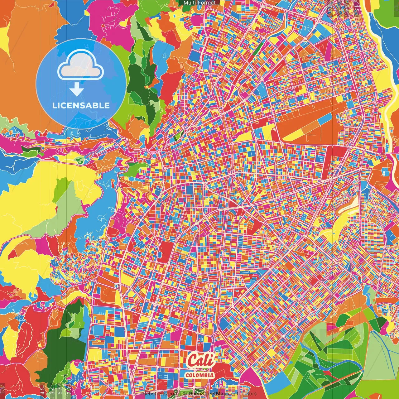 Cali, Colombia Crazy Colorful Street Map Poster Template