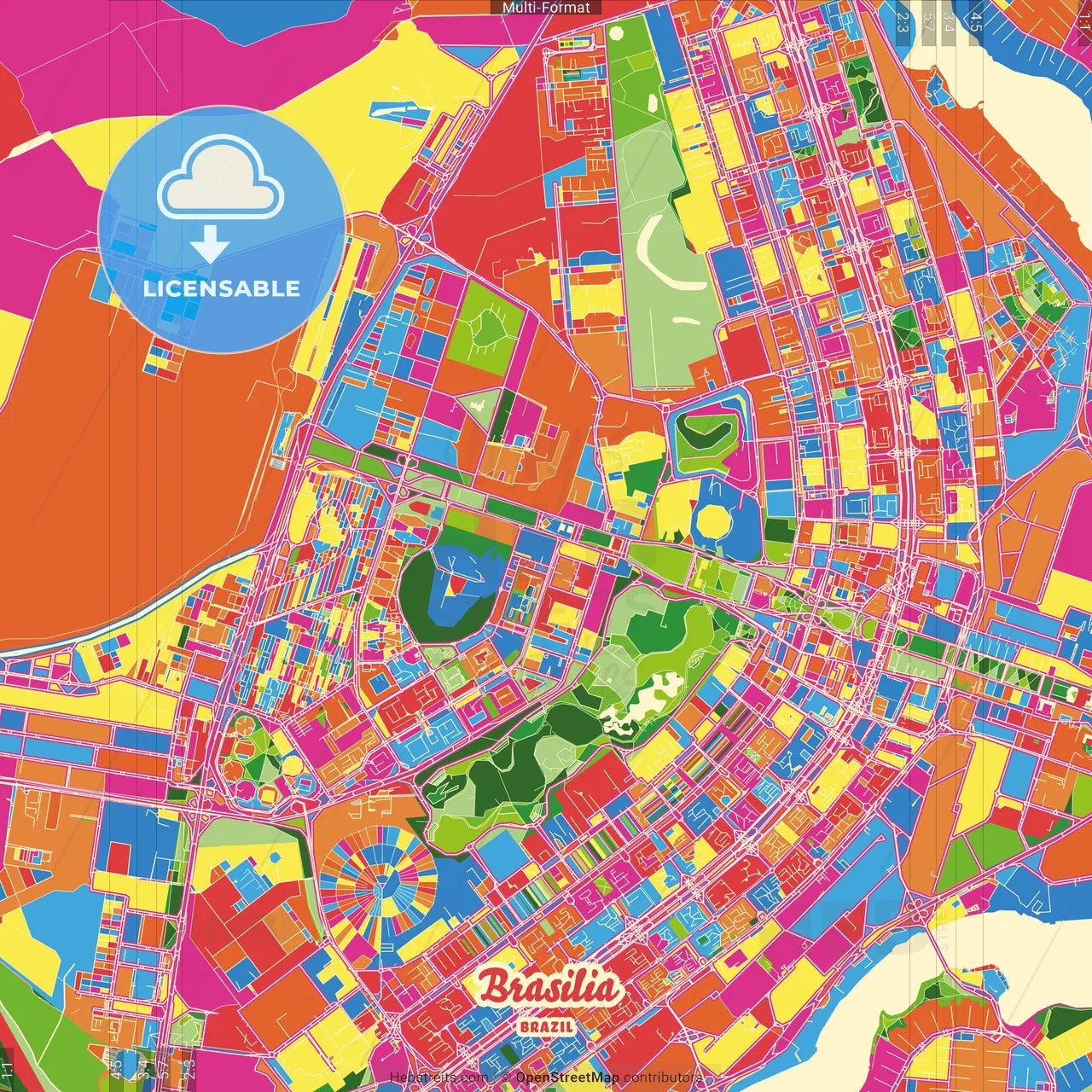 Brasilia, Brazil Crazy Colorful Street Map Poster Template