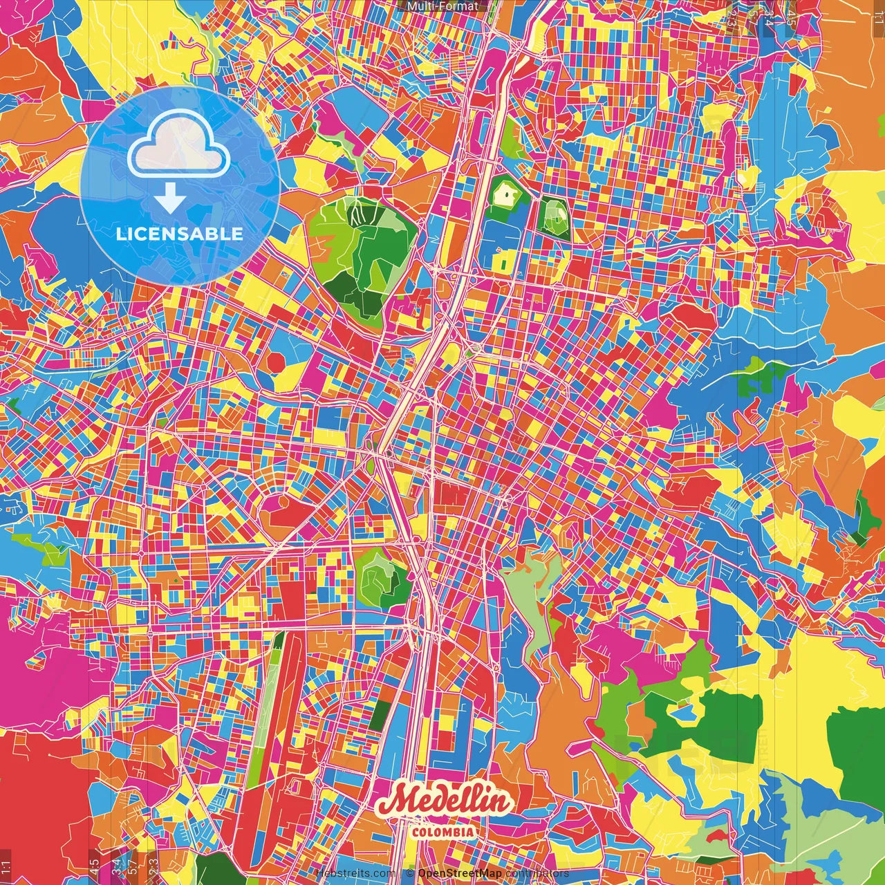 Medellin, Colombia Crazy Colorful Street Map Poster Template