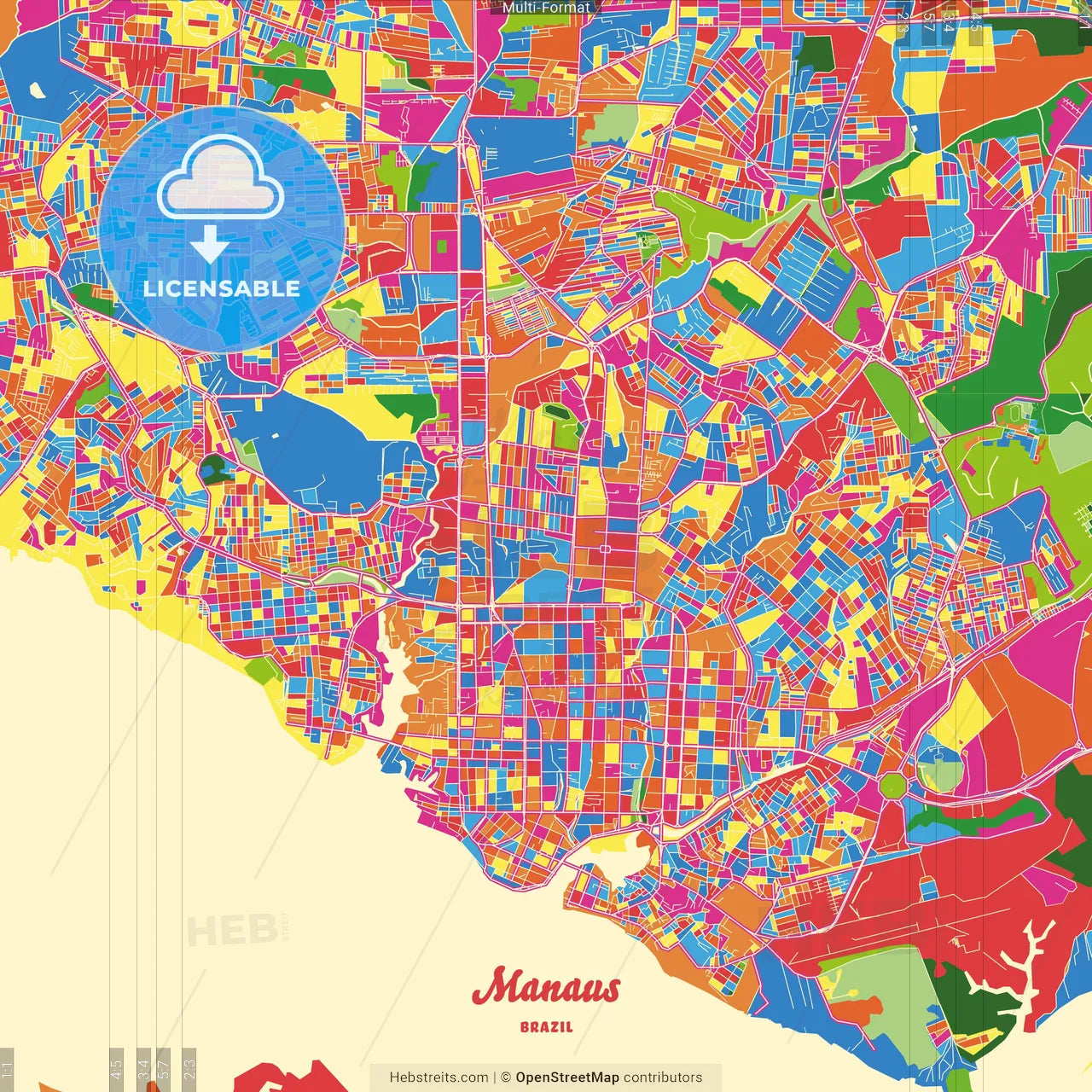 Manaus, Brazil Crazy Colorful Street Map Poster Template