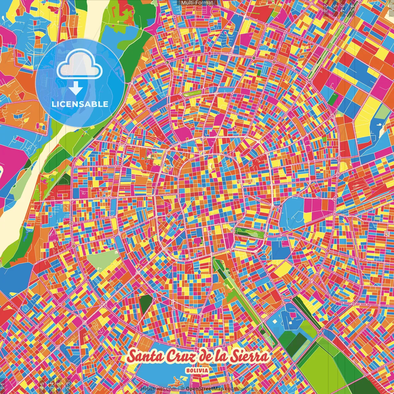 Santa Cruz de la Sierra, Bolivia Crazy Colorful Street Map Poster Template