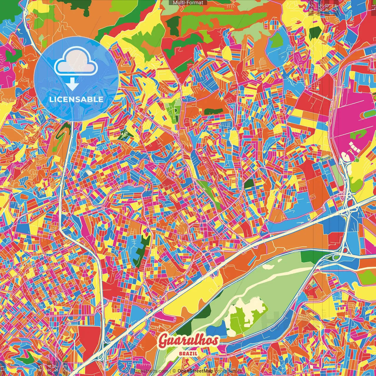 Guarulhos, Brazil Crazy Colorful Street Map Poster Template