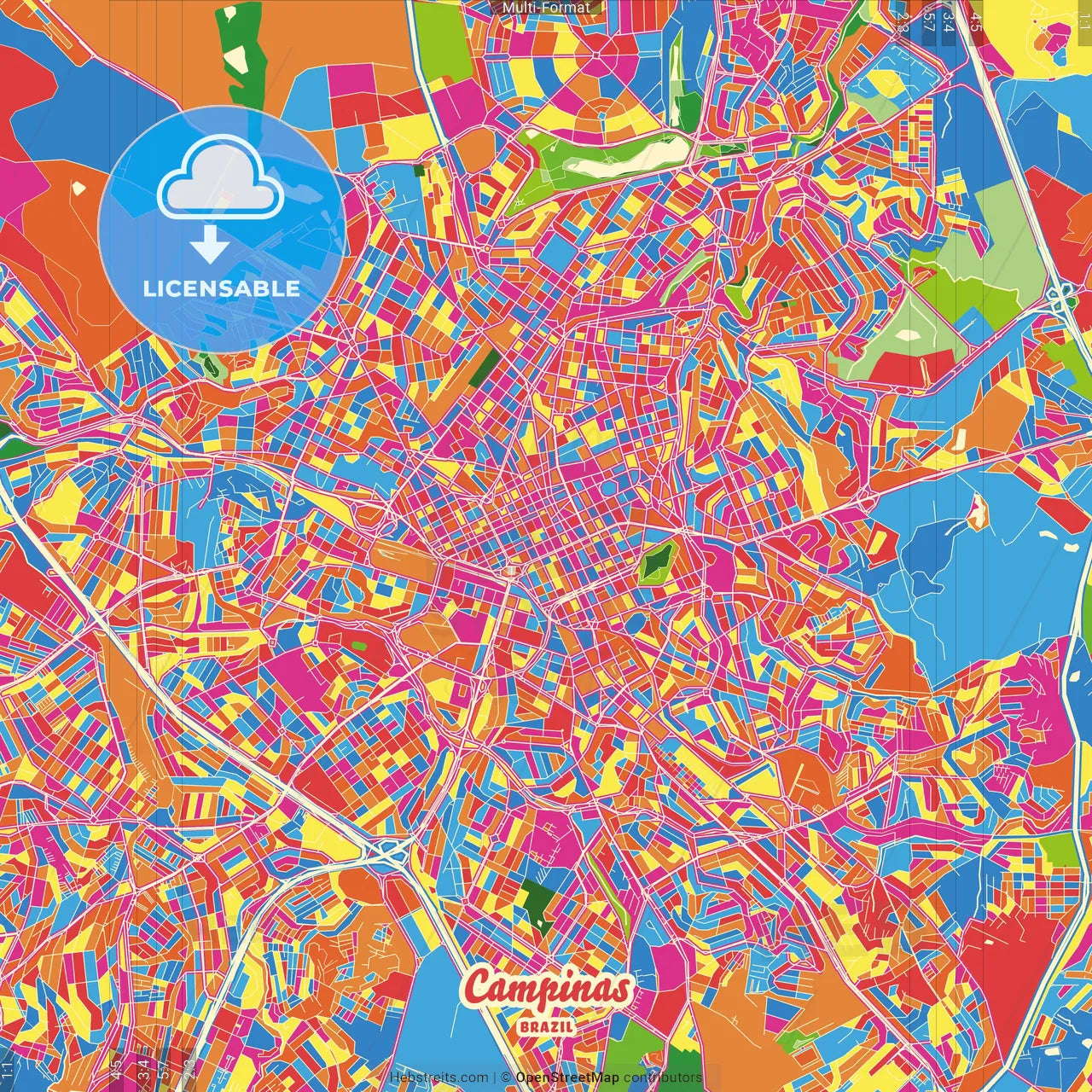 Campinas, Brazil Crazy Colorful Street Map Poster Template